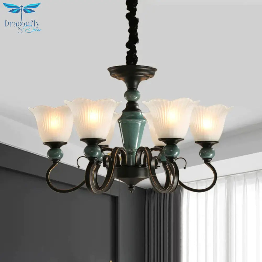 3/6 - Light Pendant Light Rural Style Frosted Ribbed Glass Chandelier Lighting Fixture In Black