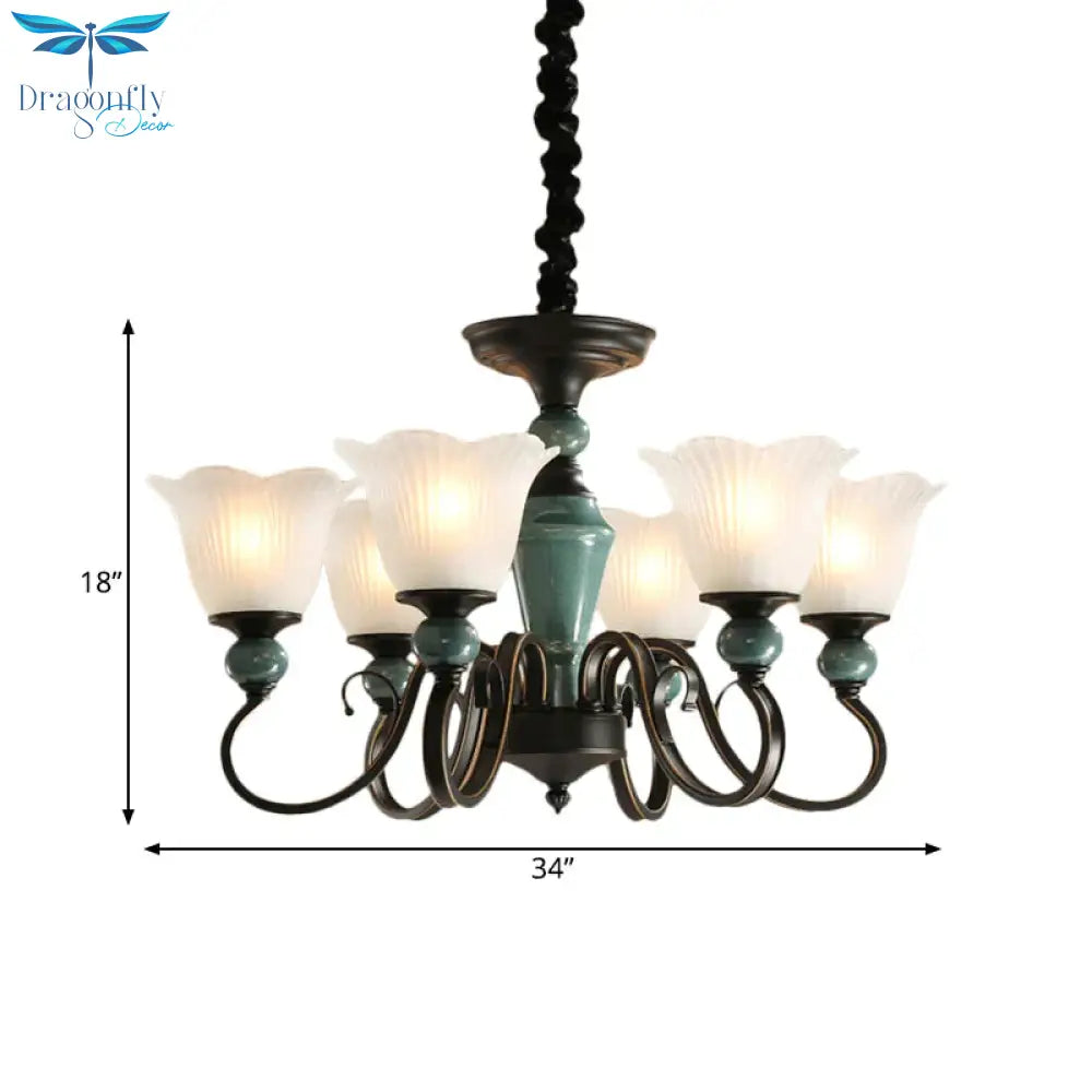 3/6 - Light Pendant Light Rural Style Frosted Ribbed Glass Chandelier Lighting Fixture In Black