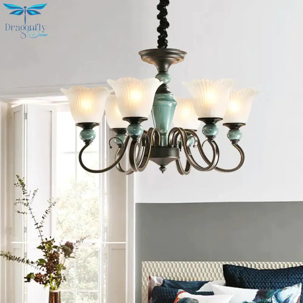 3/6 - Light Pendant Light Rural Style Frosted Ribbed Glass Chandelier Lighting Fixture In Black