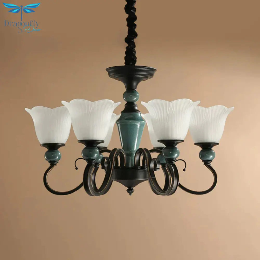 3/6 - Light Pendant Light Rural Style Frosted Ribbed Glass Chandelier Lighting Fixture In Black