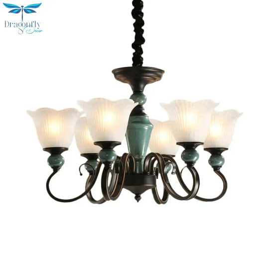3/6 - Light Pendant Light Rural Style Frosted Ribbed Glass Chandelier Lighting Fixture In Black