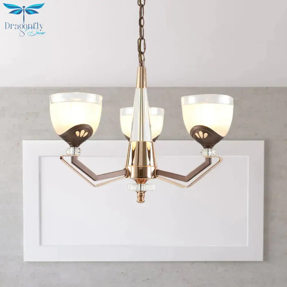 3/6 Lights Bowl Hanging Chandelier Vintage Coffee Finish White Ribbed Glass Pendant Lamp Fixture