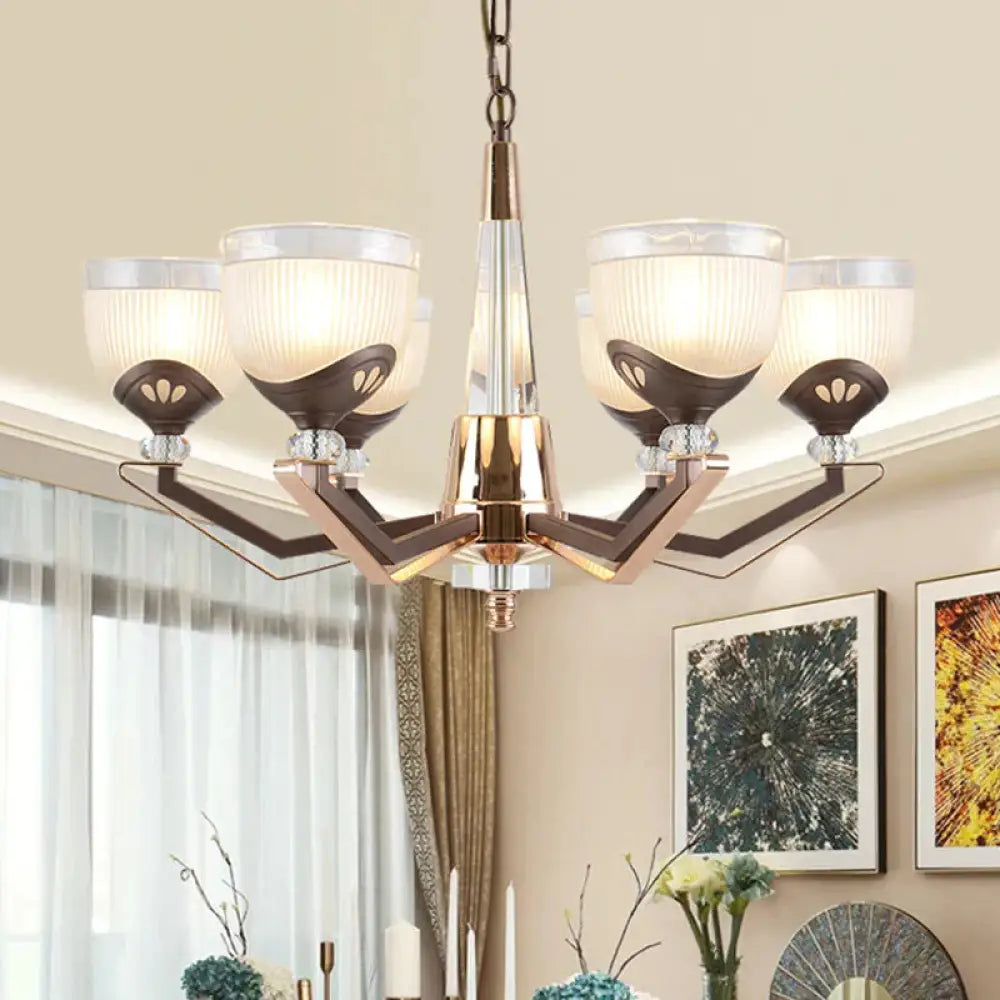 3/6 Lights Bowl Hanging Chandelier Vintage Coffee Finish White Ribbed Glass Pendant Lamp Fixture 6 /