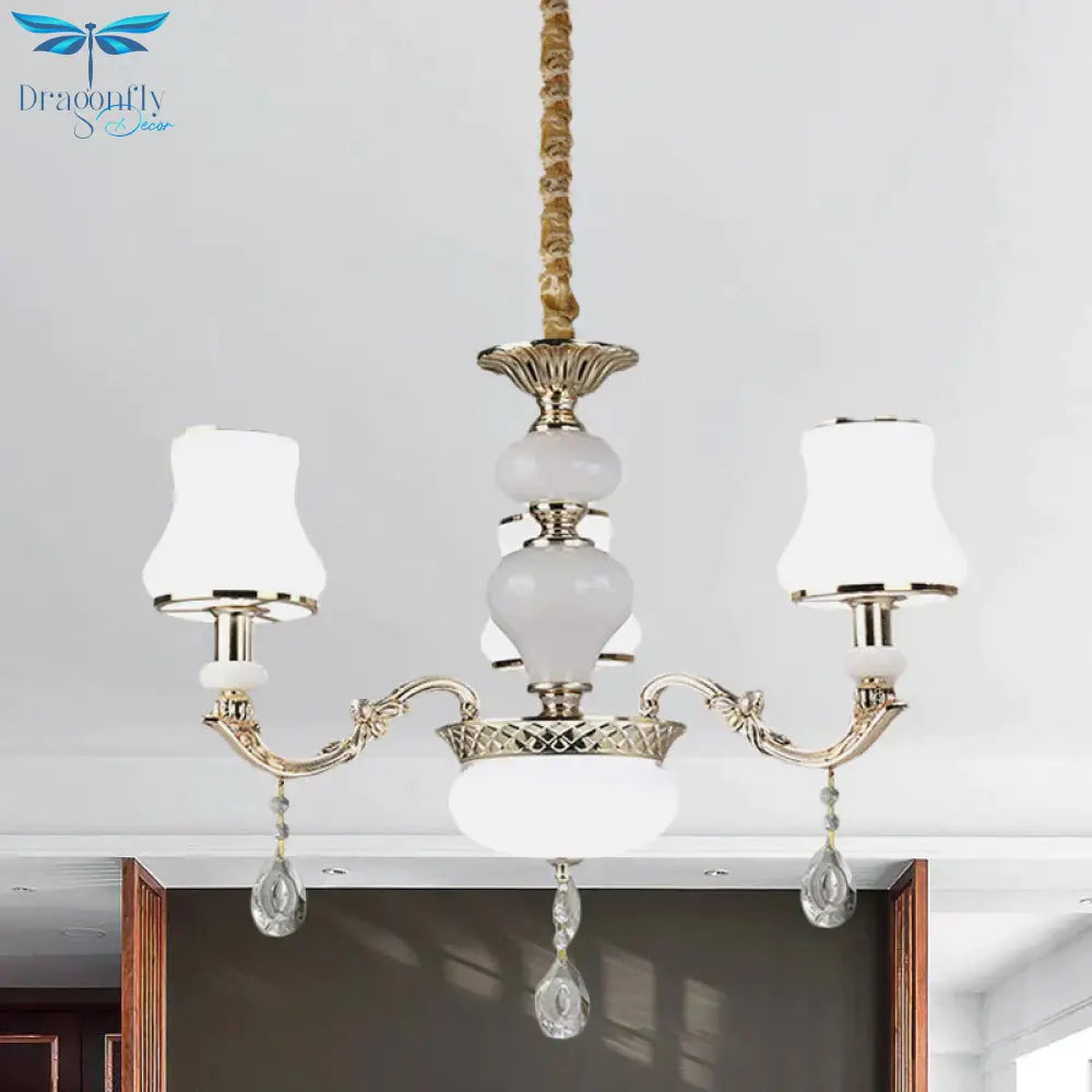 3/6 Lights Chandelier Lighting Vintage Bedroom Ceiling Pendant With Jar Cream Glass Shade In Gold