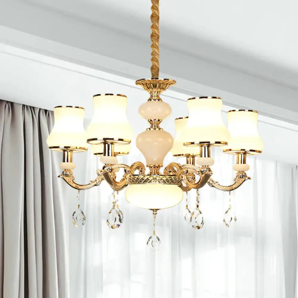 3/6 Lights Chandelier Lighting Vintage Bedroom Ceiling Pendant With Jar Cream Glass Shade In Gold 6