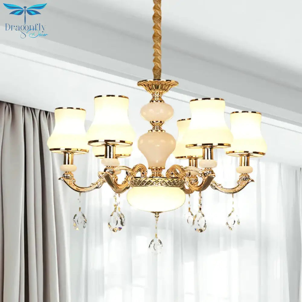 3/6 Lights Chandelier Lighting Vintage Bedroom Ceiling Pendant With Jar Cream Glass Shade In Gold
