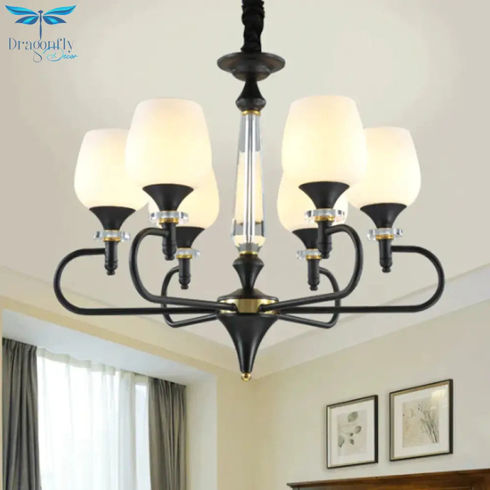 3/6 Lights Opal Glass Hanging Chandelier Traditional Matte Black Cone Living Room Pendant Light