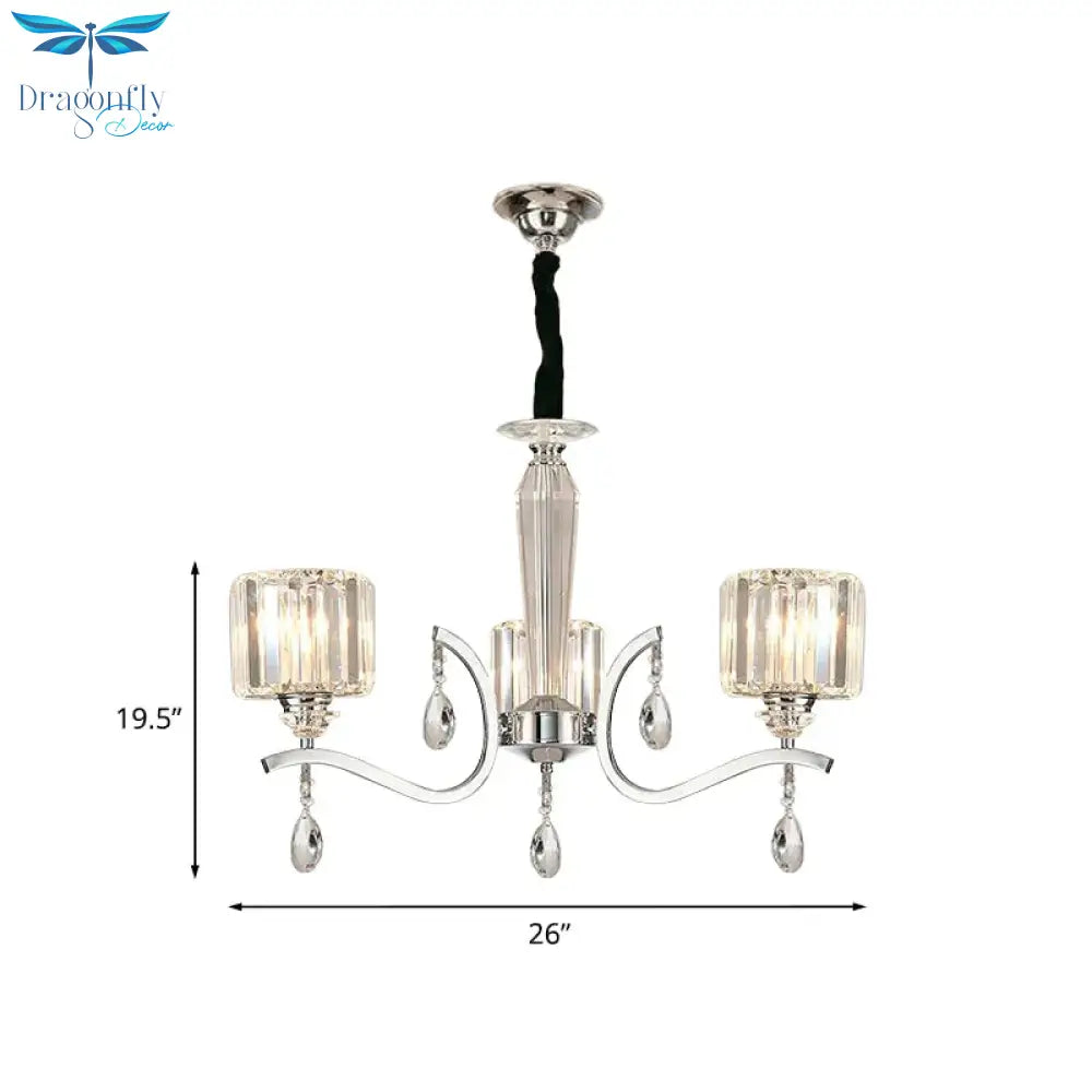 3 - Bulb Chandelier Lamp Contemporary Cylindrical Crystal Hanging Light With Chrome Curved Arm