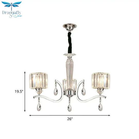 3 - Bulb Chandelier Lamp Contemporary Cylindrical Crystal Hanging Light With Chrome Curved Arm