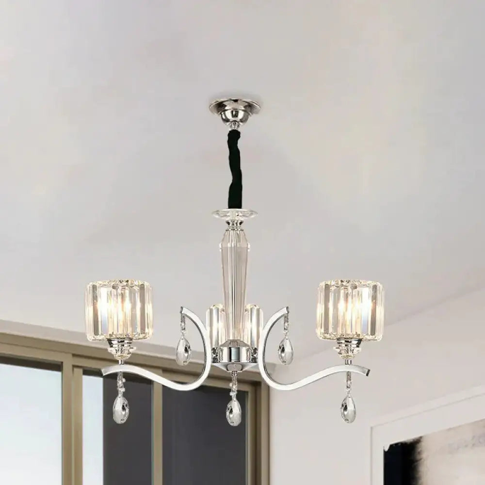 3 - Bulb Chandelier Lamp Contemporary Cylindrical Crystal Hanging Light With Chrome Curved Arm