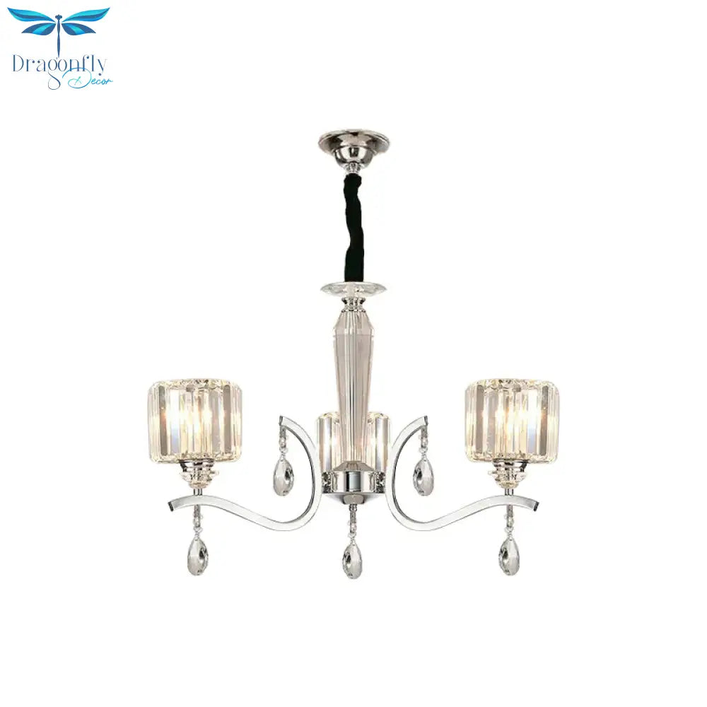 3 - Bulb Chandelier Lamp Contemporary Cylindrical Crystal Hanging Light With Chrome Curved Arm