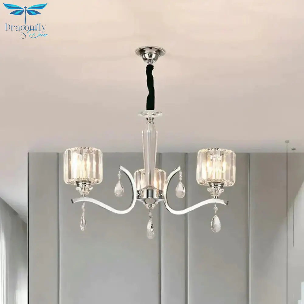 3 - Bulb Chandelier Lamp Contemporary Cylindrical Crystal Hanging Light With Chrome Curved Arm