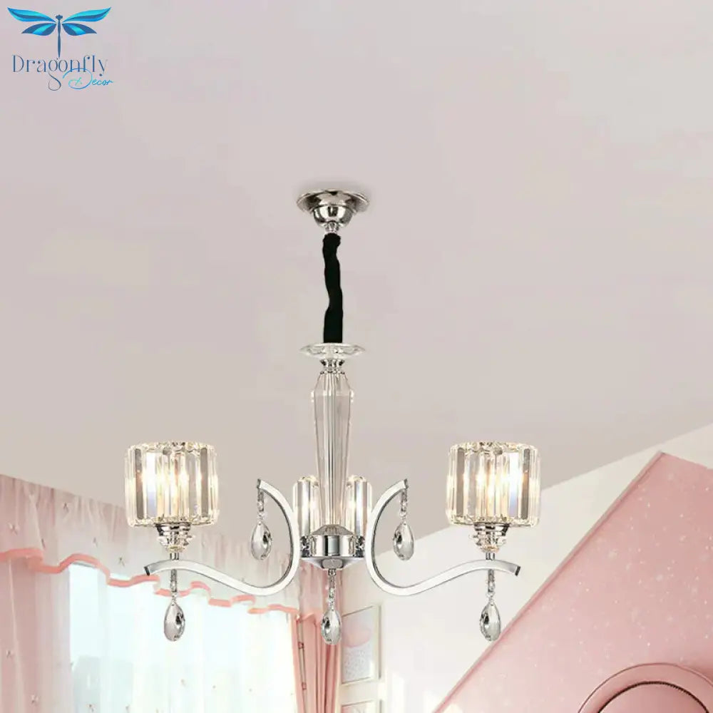 3 - Bulb Chandelier Lamp Contemporary Cylindrical Crystal Hanging Light With Chrome Curved Arm