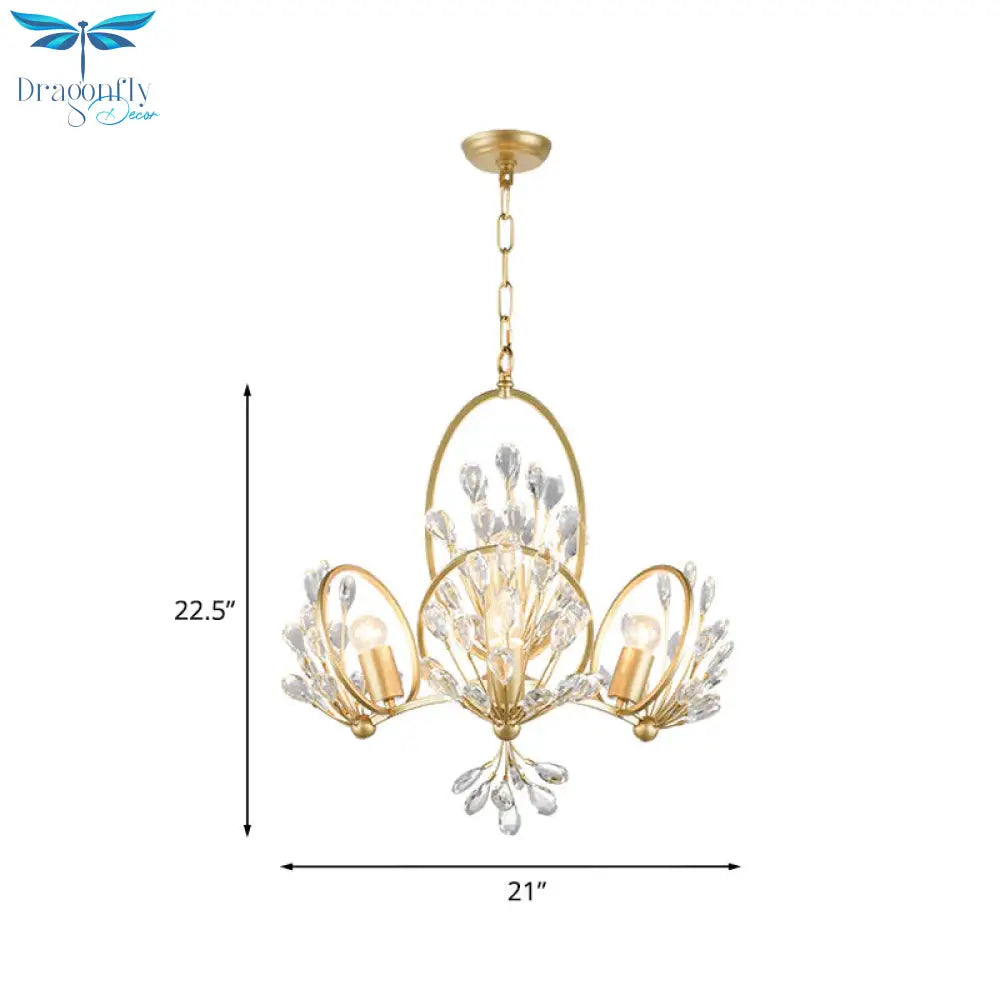 3 - Bulb Crystal Chandelier Light Fixture Retro Gold Petals Dining Table Hanging Pendant