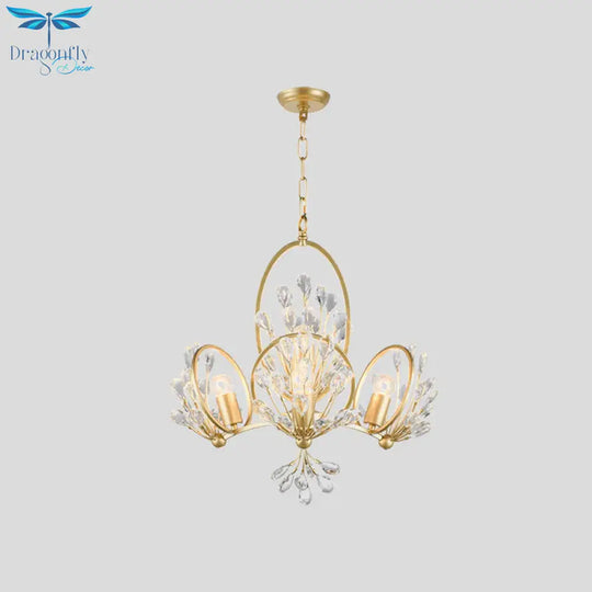 3 - Bulb Crystal Chandelier Light Fixture Retro Gold Petals Dining Table Hanging Pendant