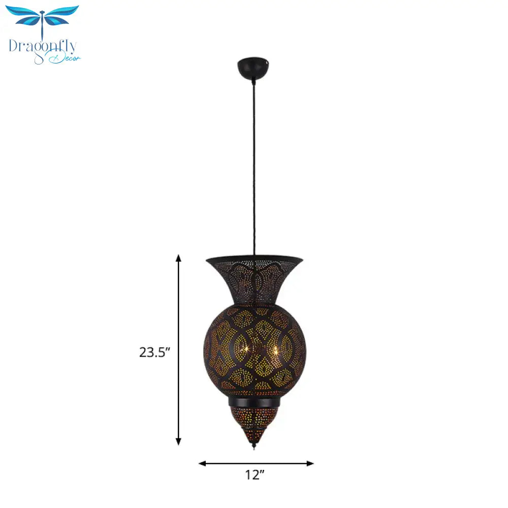3 - Bulb Etched Urn Hanging Chandelier Countryside Black Metal Ceiling Suspension Lamp