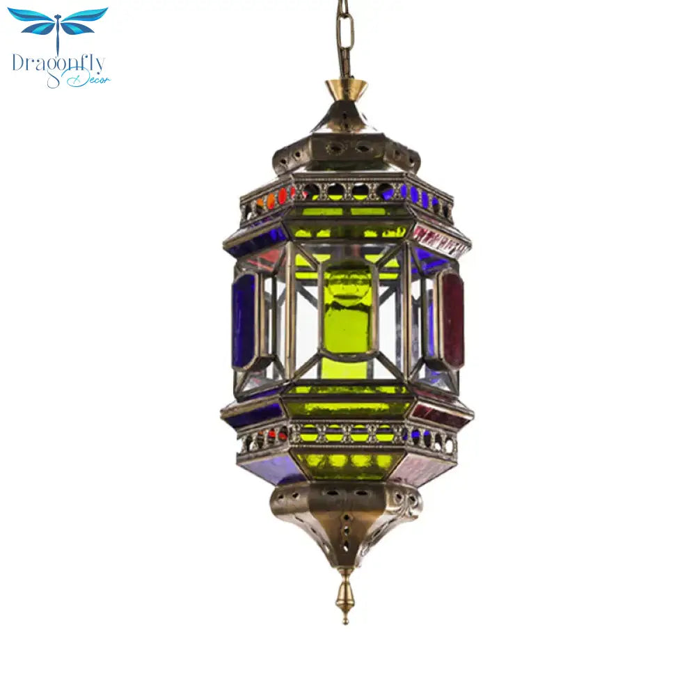 3 - Bulb Hanging Lighting Art Deco Castle Shape Colorful Glass Chandelier Pendant Lamp In Brass
