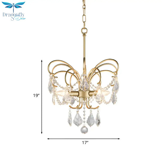 3 Bulbs Butterfly Chandelier Lighting Rural Gold Metal Pendant Lamp With Crystal Strand Decor