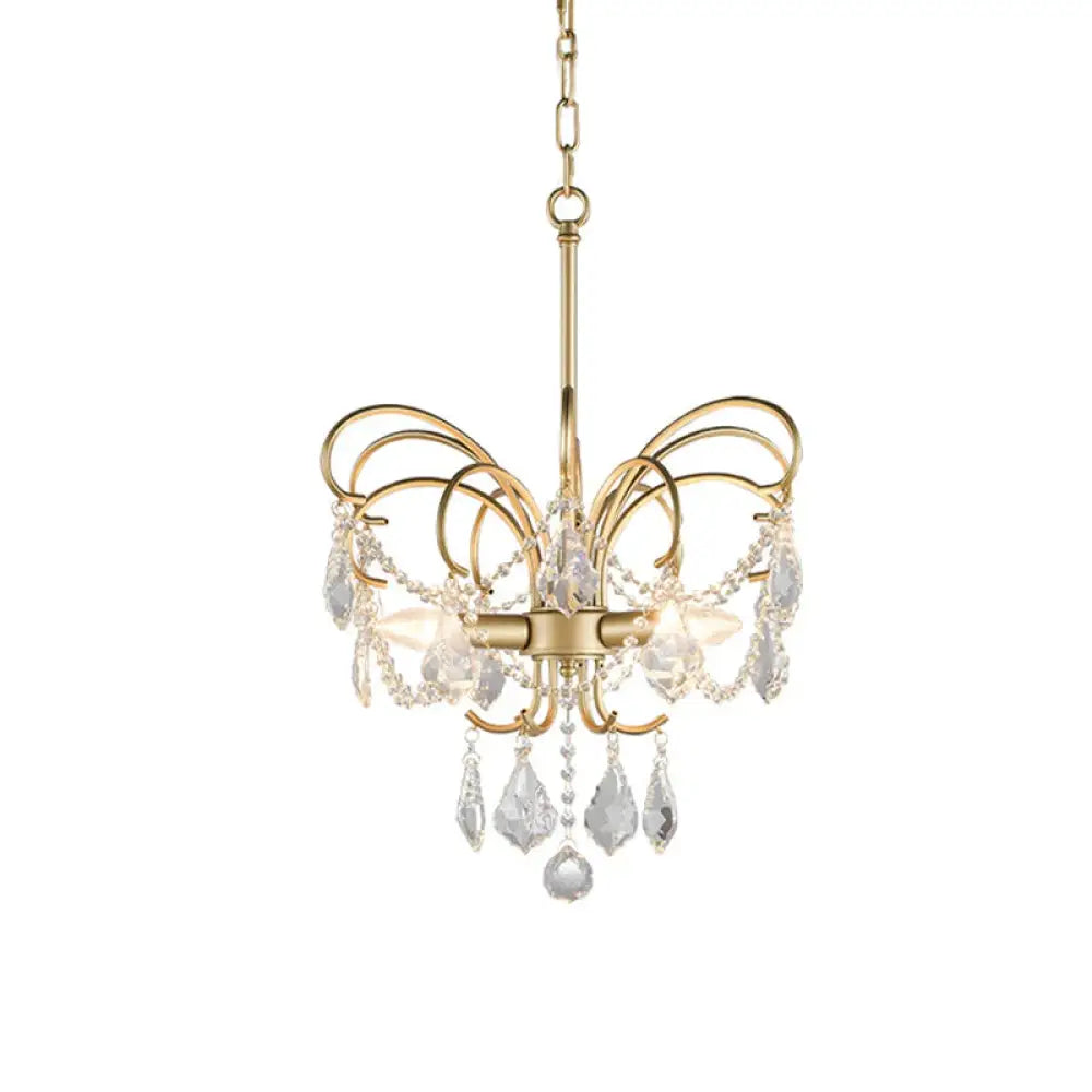 3 Bulbs Butterfly Chandelier Lighting Rural Gold Metal Pendant Lamp With Crystal Strand Decor