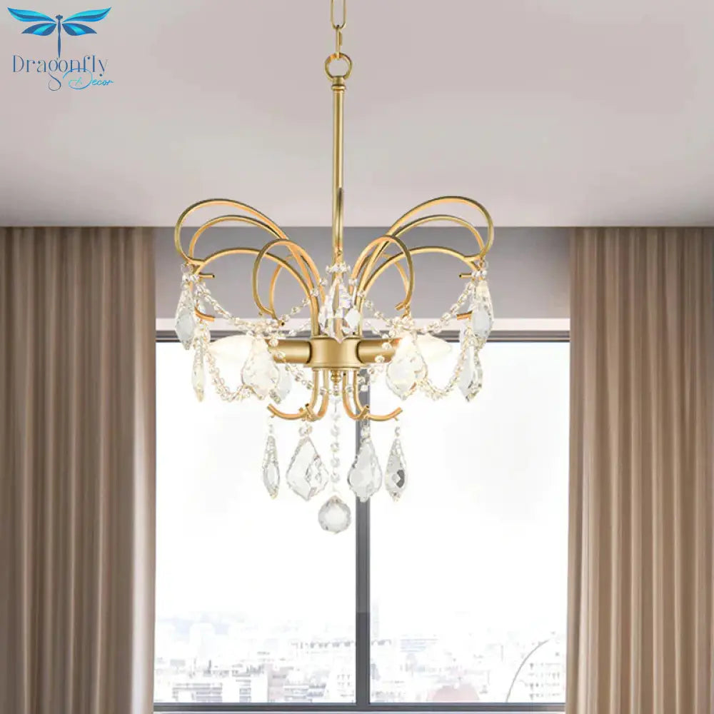 3 Bulbs Butterfly Chandelier Lighting Rural Gold Metal Pendant Lamp With Crystal Strand Decor