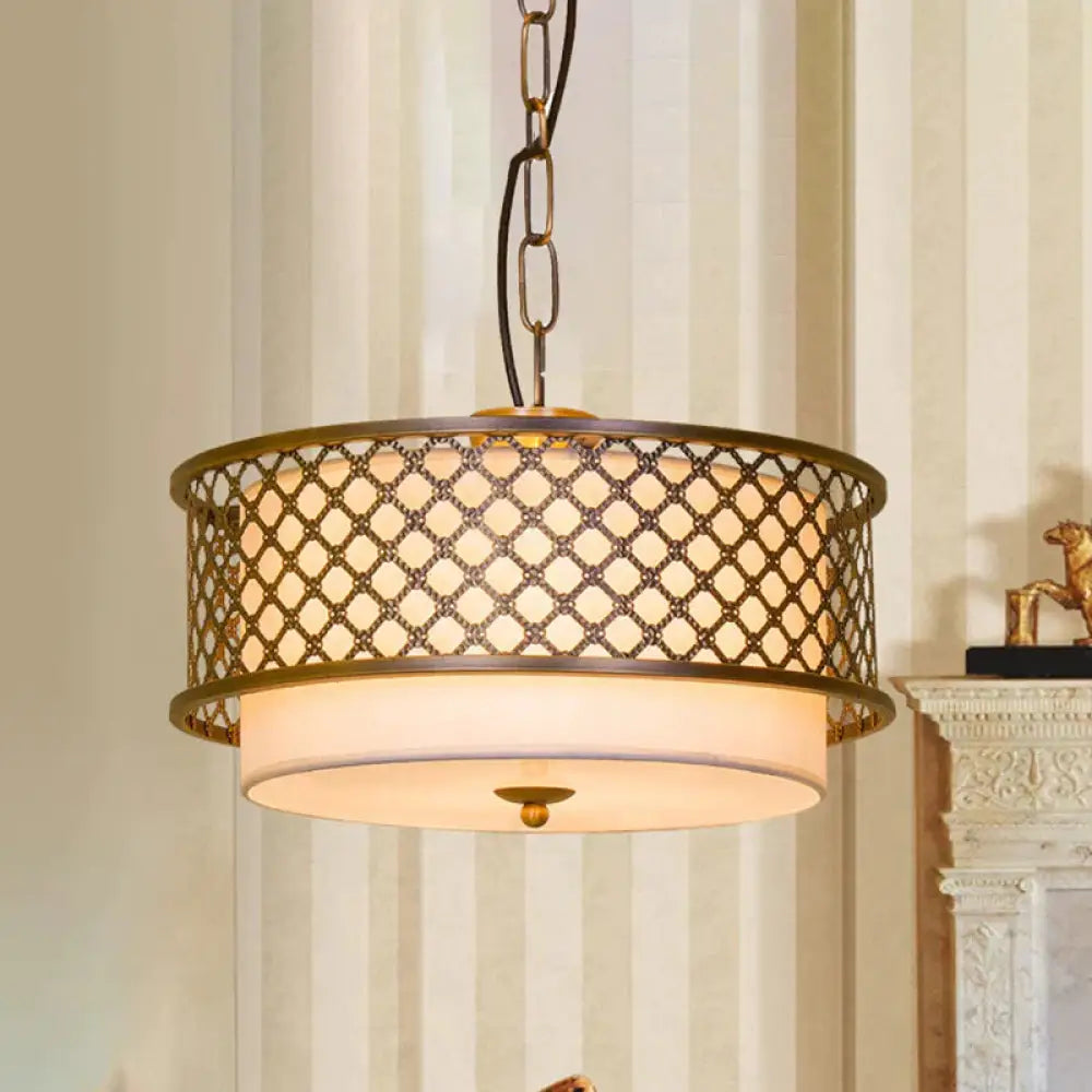 3 Bulbs Chandelier Lamp Rustic Living Room Metallic Pendant Light Kit With Drum Fabric Shade In