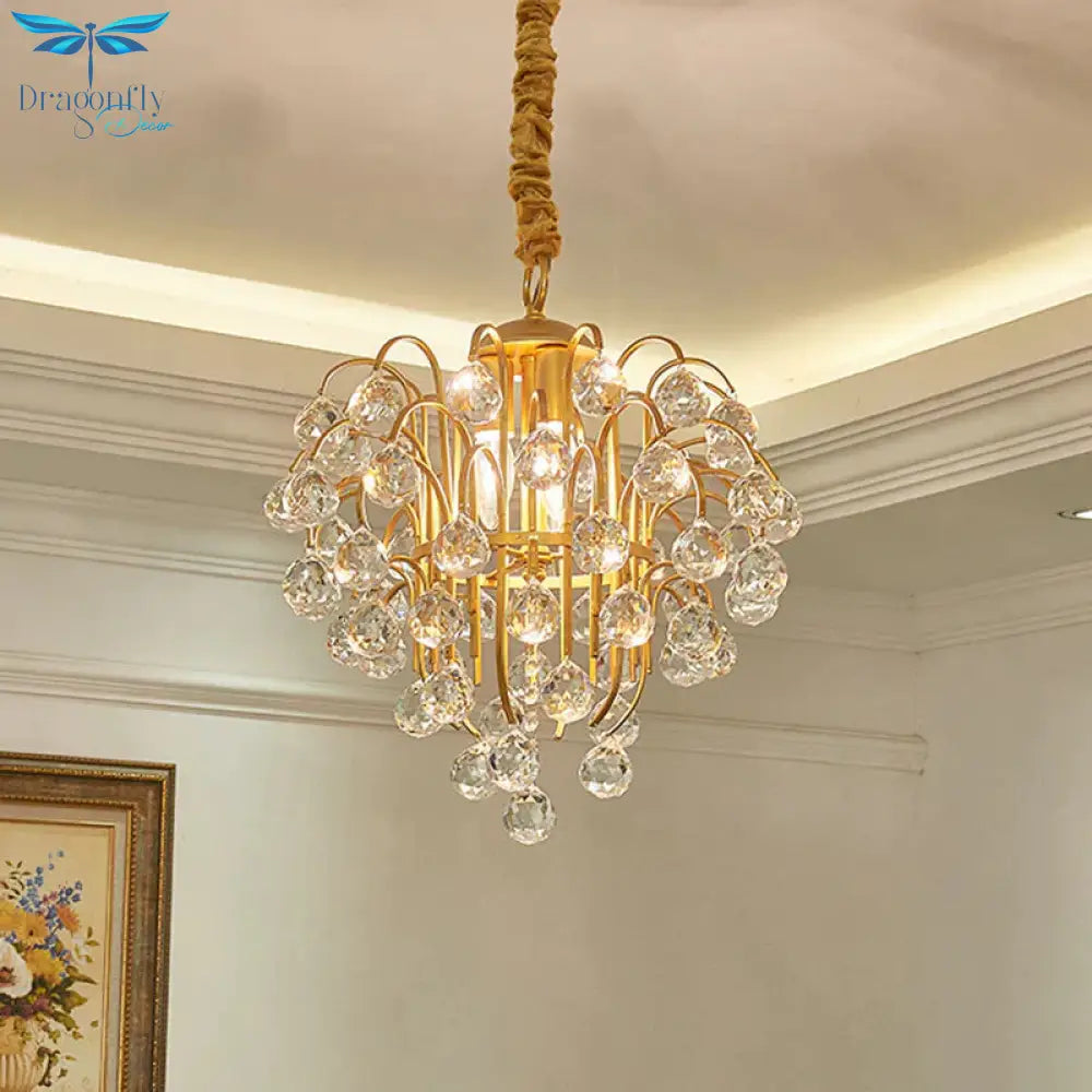 3 Bulbs Crystal Orb Pendulum Light Countryside Gold Grape Shape Living Room Ceiling Chandelier
