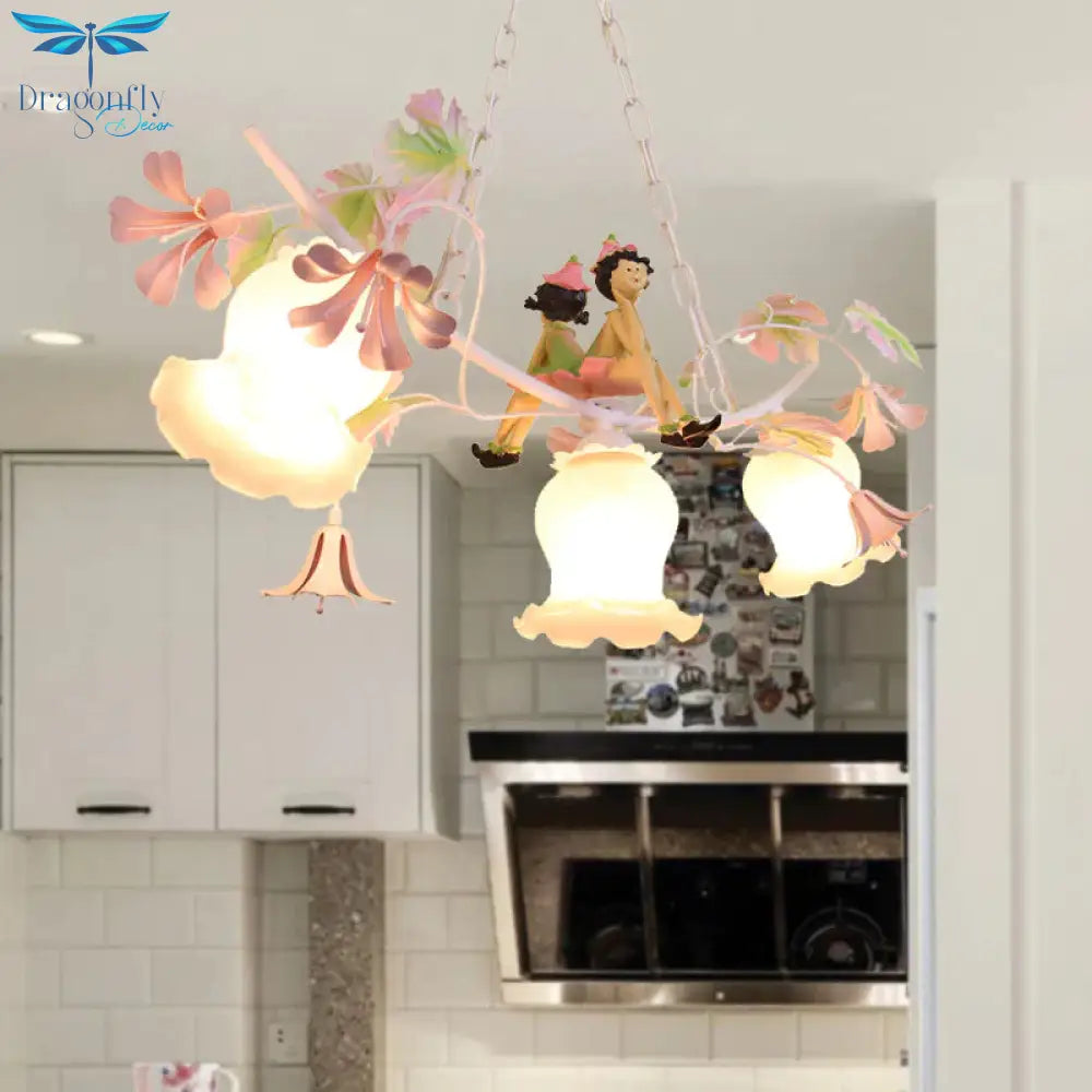 3 Bulbs Flower Chandelier Light Pastoral White Metal Pendant Lighting With Doll Decoration