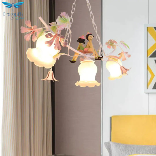 3 Bulbs Flower Chandelier Light Pastoral White Metal Pendant Lighting With Doll Decoration