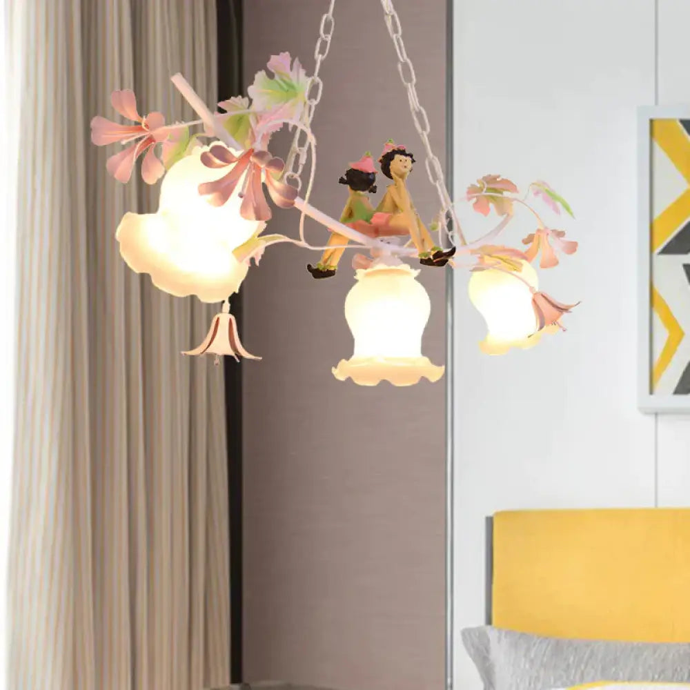 3 Bulbs Flower Chandelier Light Pastoral White Metal Pendant Lighting With Doll Decoration