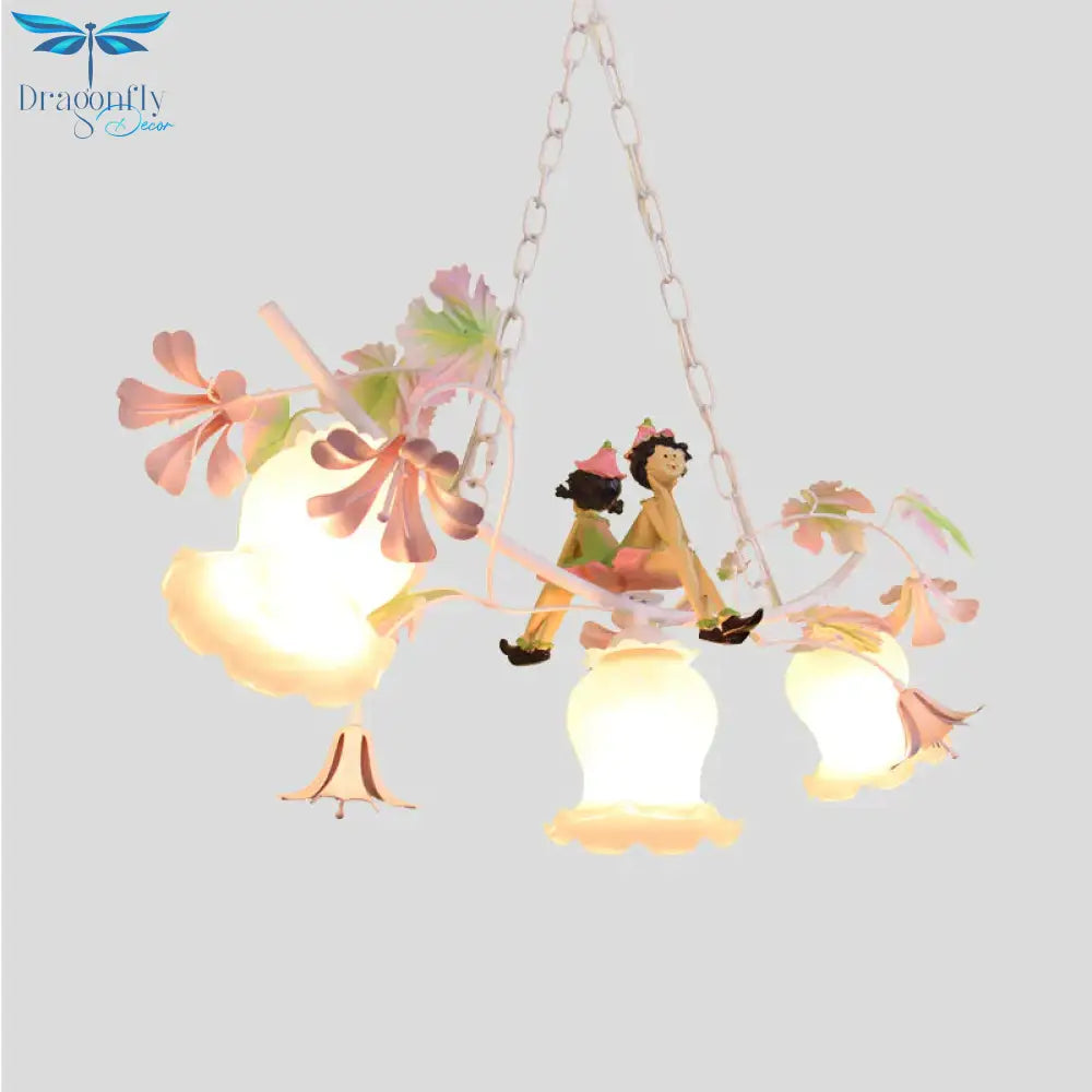3 Bulbs Flower Chandelier Light Pastoral White Metal Pendant Lighting With Doll Decoration