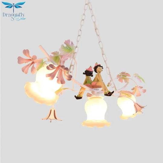 3 Bulbs Flower Chandelier Light Pastoral White Metal Pendant Lighting With Doll Decoration