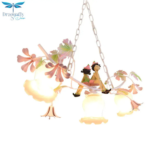3 Bulbs Flower Chandelier Light Pastoral White Metal Pendant Lighting With Doll Decoration