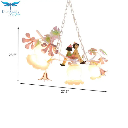 3 Bulbs Flower Chandelier Light Pastoral White Metal Pendant Lighting With Doll Decoration