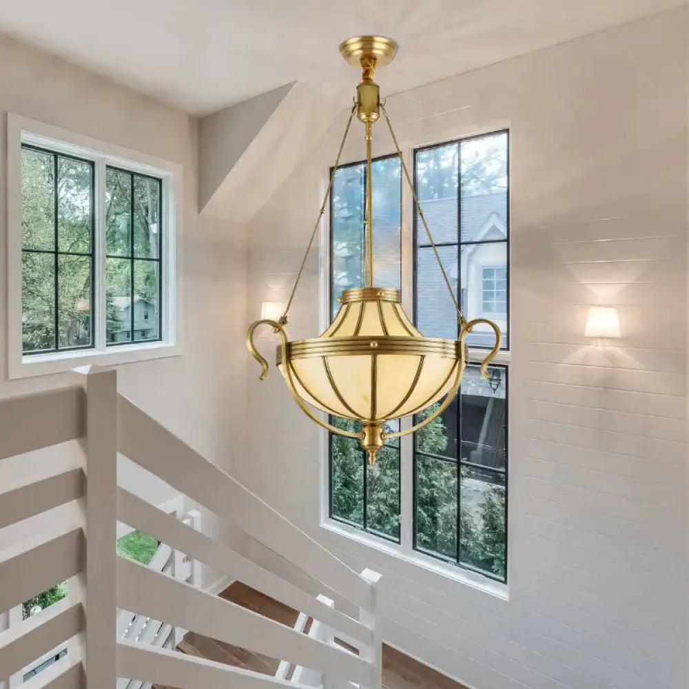 3 Bulbs Jar Ceiling Chandelier Rustic Opal Frosted Glass Suspended Lighting Fixture In Brass