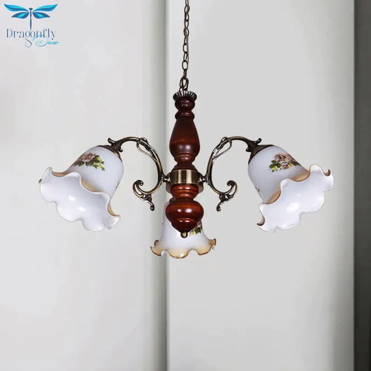 3 Bulbs White Patterned Glass Chandelier Countryside Red Brown Bellflower Parlor Ceiling Pendant