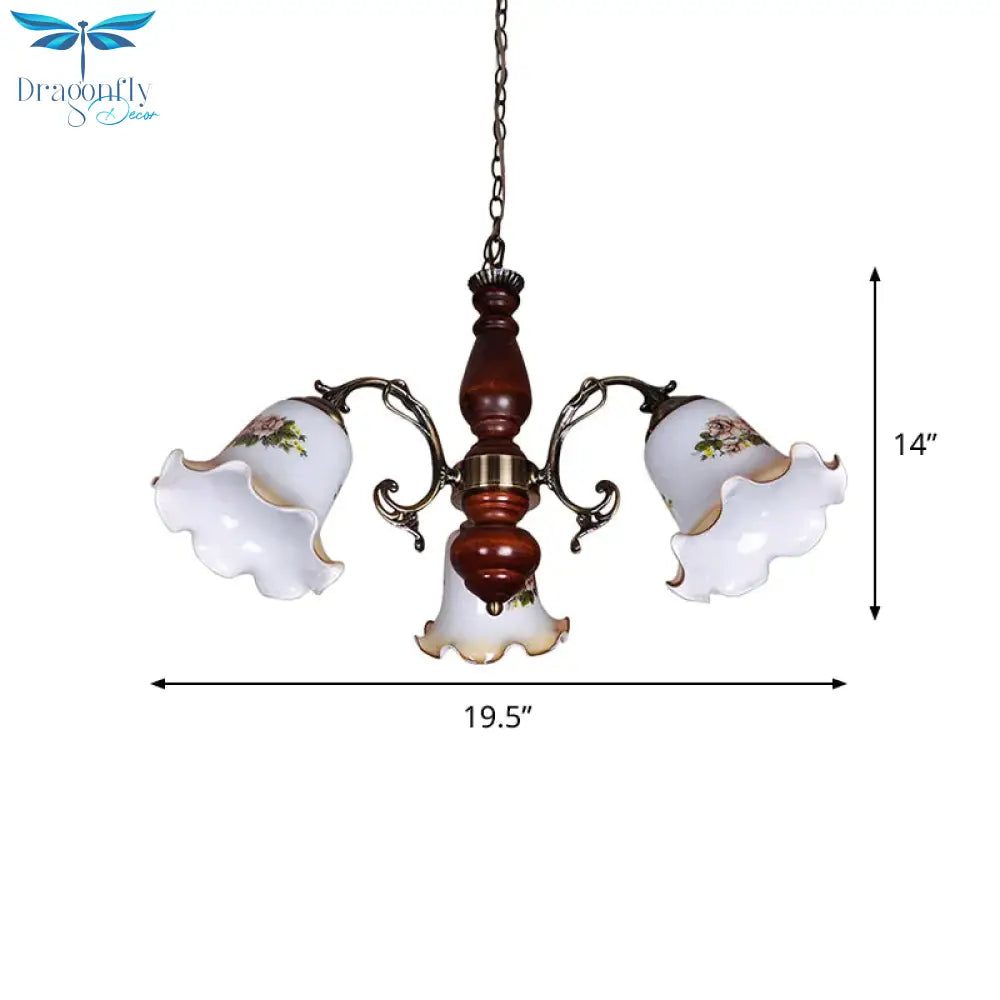 3 Bulbs White Patterned Glass Chandelier Countryside Red Brown Bellflower Parlor Ceiling Pendant