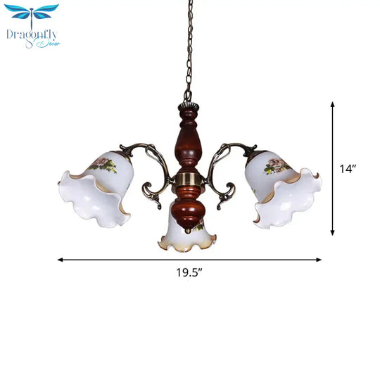 3 Bulbs White Patterned Glass Chandelier Countryside Red Brown Bellflower Parlor Ceiling Pendant