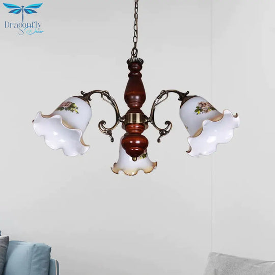 3 Bulbs White Patterned Glass Chandelier Countryside Red Brown Bellflower Parlor Ceiling Pendant