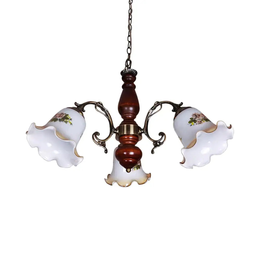 3 Bulbs White Patterned Glass Chandelier Countryside Red Brown Bellflower Parlor Ceiling Pendant