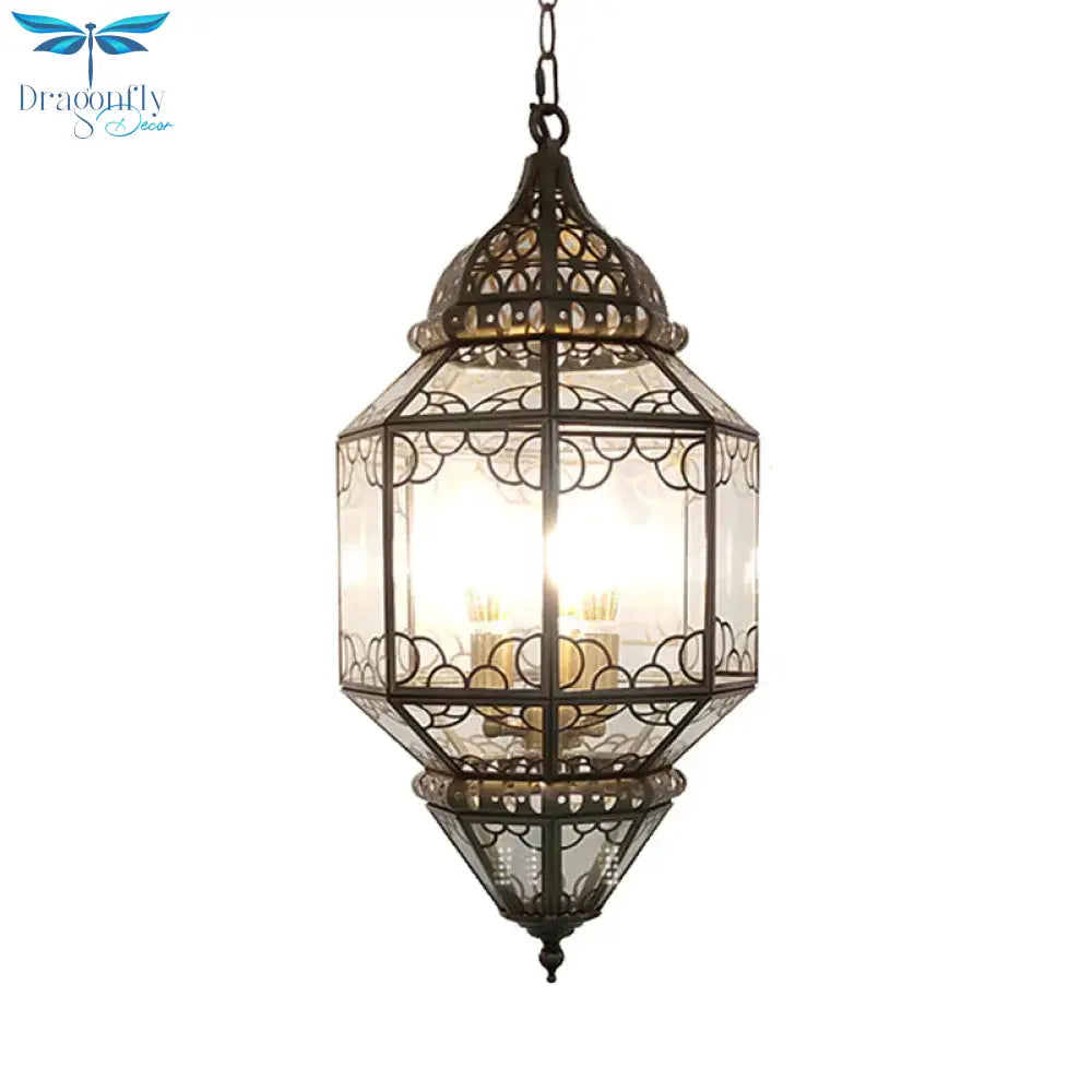 3 - Head Pendant Lighting Antiqued Arab Balcony Hanging Chandelier With Lantern Clear Glass Shade