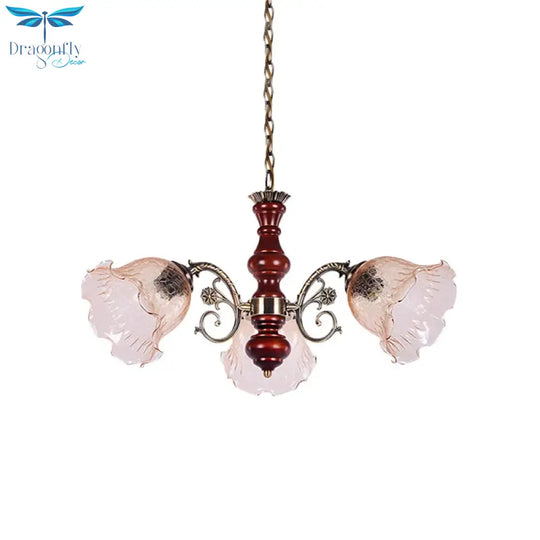 3 Heads Chandelier Light Fixture Pastoral Style Ruffled Clear Glass Hanging Pendant In Red Brown