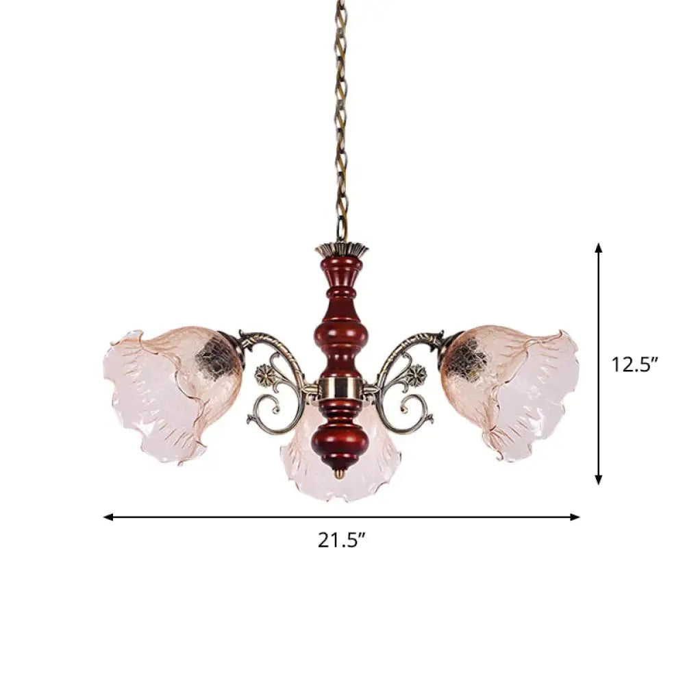 3 Heads Chandelier Light Fixture Pastoral Style Ruffled Clear Glass Hanging Pendant In Red Brown