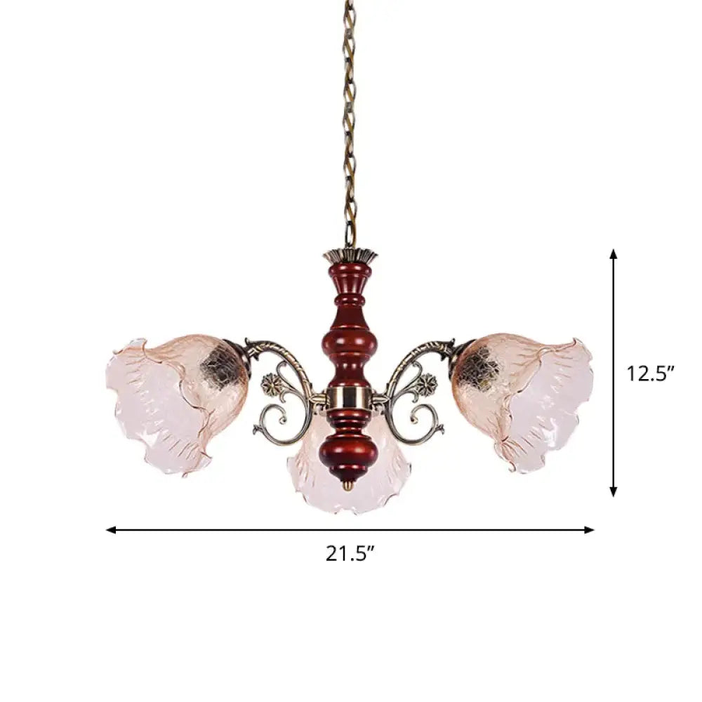 3 Heads Chandelier Light Fixture Pastoral Style Ruffled Clear Glass Hanging Pendant In Red Brown