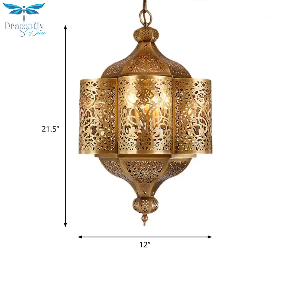 3 Heads Etched Lantern Pendant Lamp Arab Style Brass Metal Hanging Chandelier For Corridor