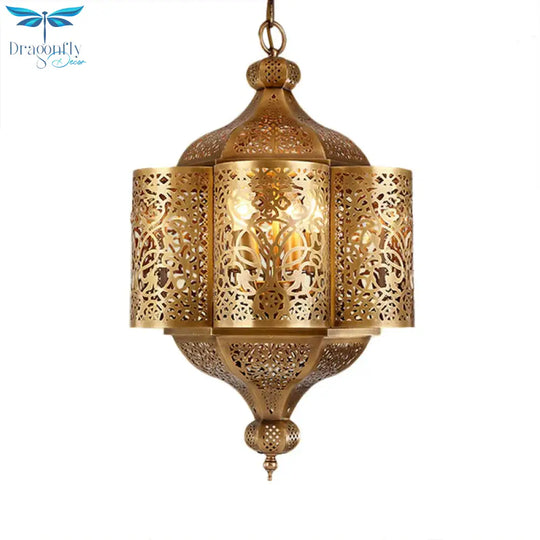 3 Heads Etched Lantern Pendant Lamp Arab Style Brass Metal Hanging Chandelier For Corridor