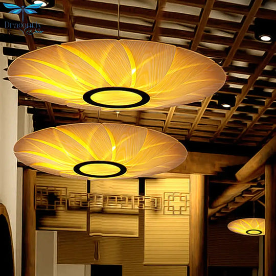 3 Heads Flat Chandelier Lighting Chinese Wood Ceiling Suspension Lamp In Beige