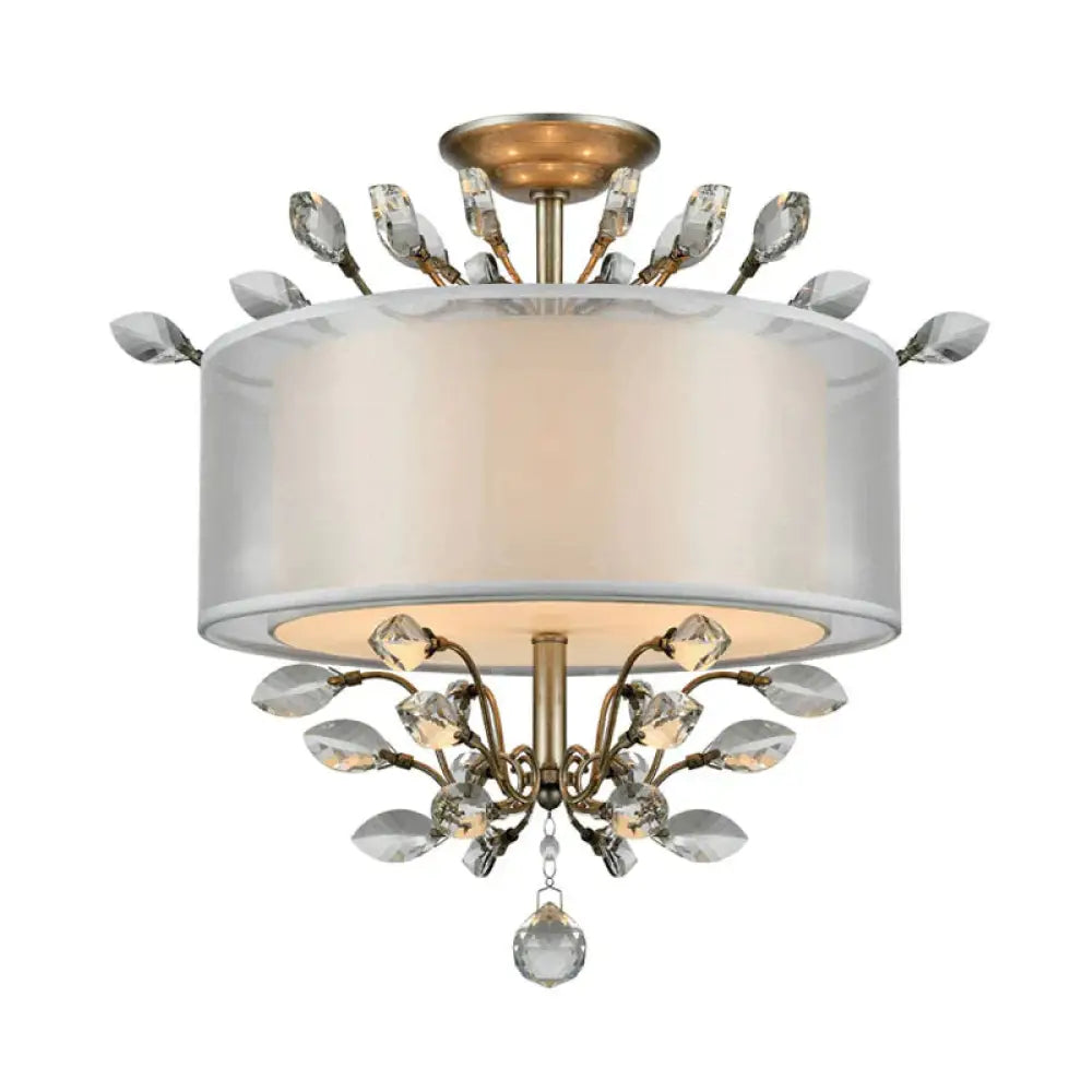 3 Heads Leaf Crystal Hanging Lamp Kit Modernism Silver Drum Living Room Chandelier Light