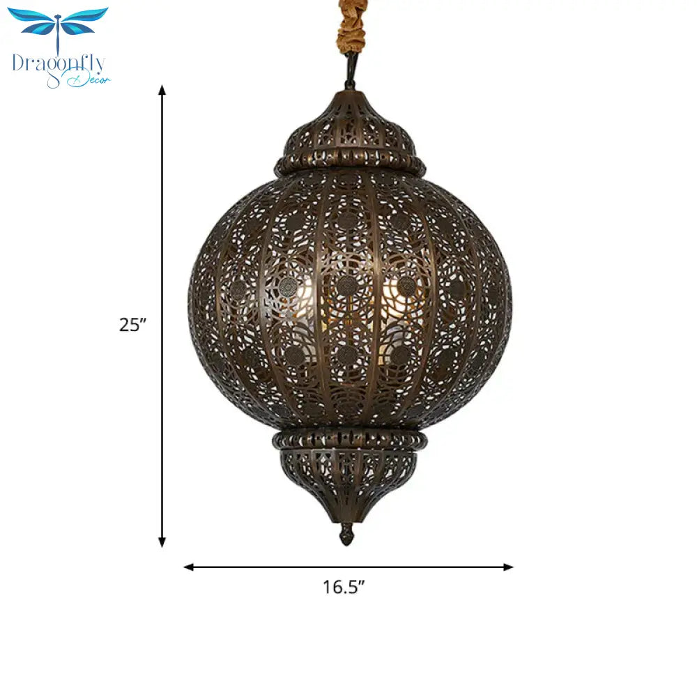 3 Heads Metal Suspension Light Country Bronze Finish Etched Sphere Corridor Chandelier