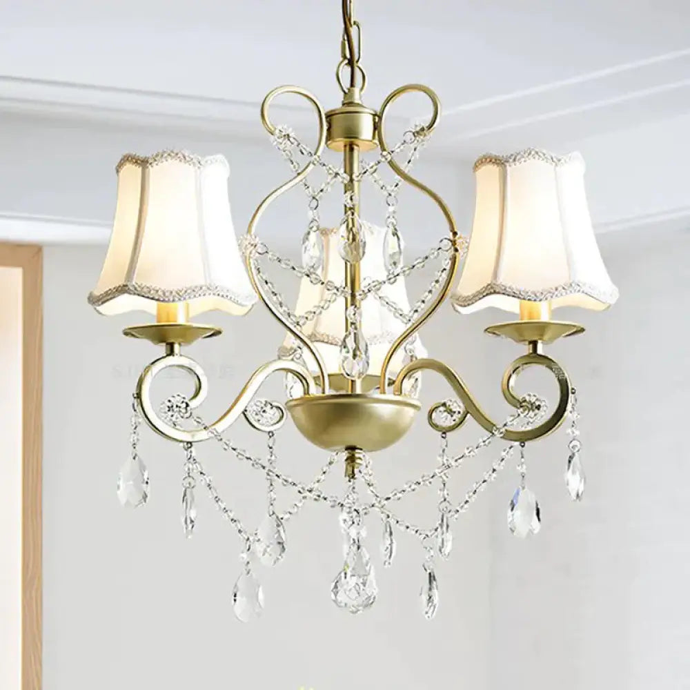 3 Heads Pendant Chandelier With Empire Shade Crystal Raindrop Retro Dining Room Suspended Lighting