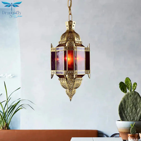 3 Heads Red Glass Suspension Light Arabian Brass Lantern Pendant Chandelier With Cutout Decor